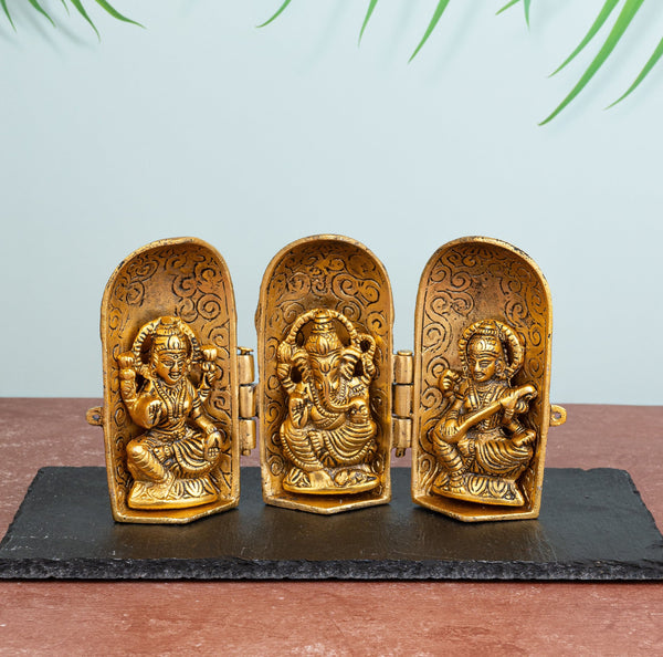 Metal round folded temple, Laxmi Ganesh Saraswati Darbar decorative showpiece