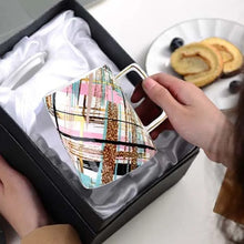 Geometric Check Print Mug with Lid & Spoon as Gift Item