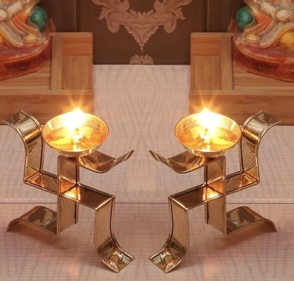 Metal Gold Polish Swastik Diya Set of 2