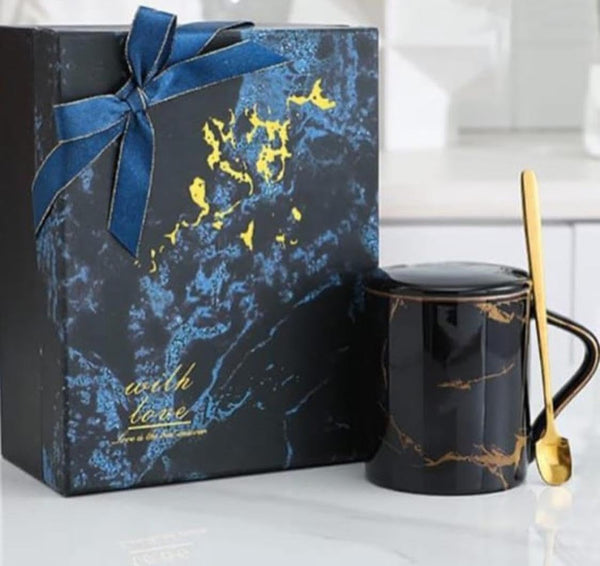 Black Thunder Effect Ceramic Coffee Mug with lid and Spoon