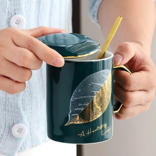 Autumn Gold Leaf Mug with Lid & Spoon